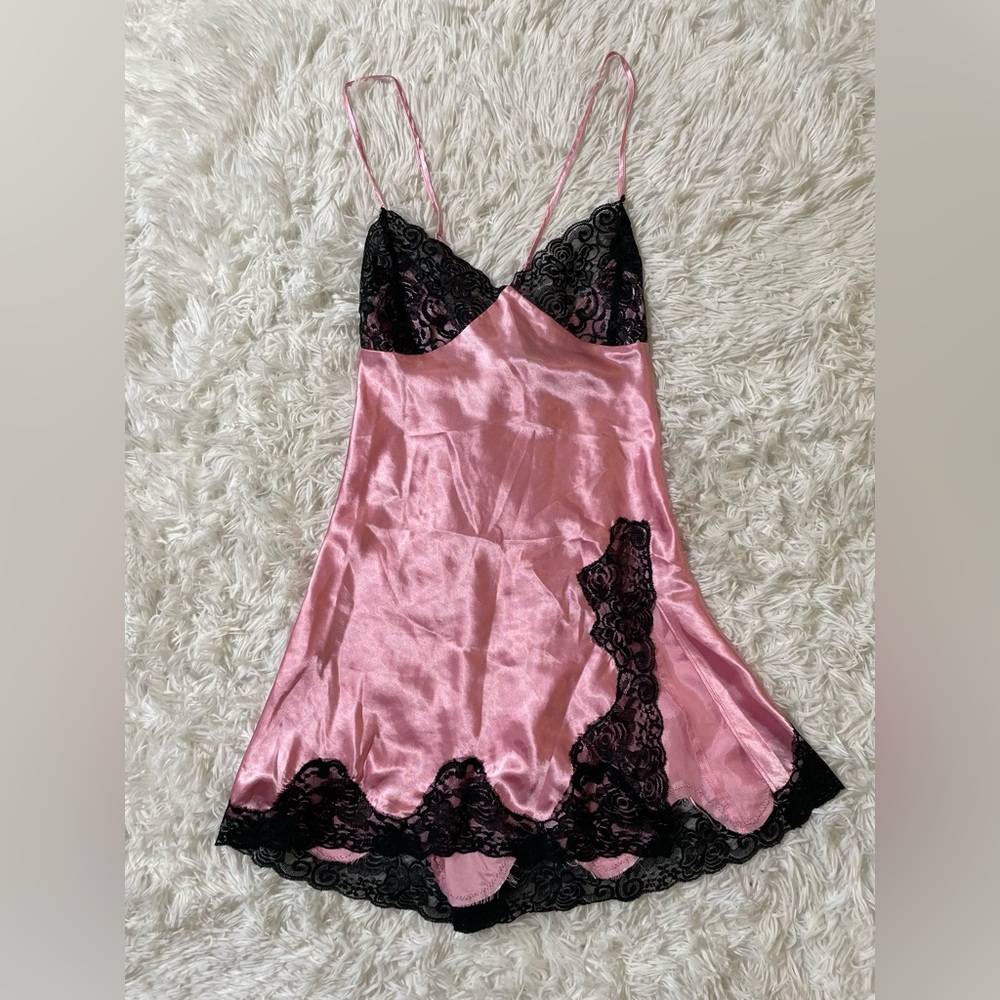 Fredericks of Hollywood Y2K Fairy Coquette Slip Dress Pink Satin Black Lace S